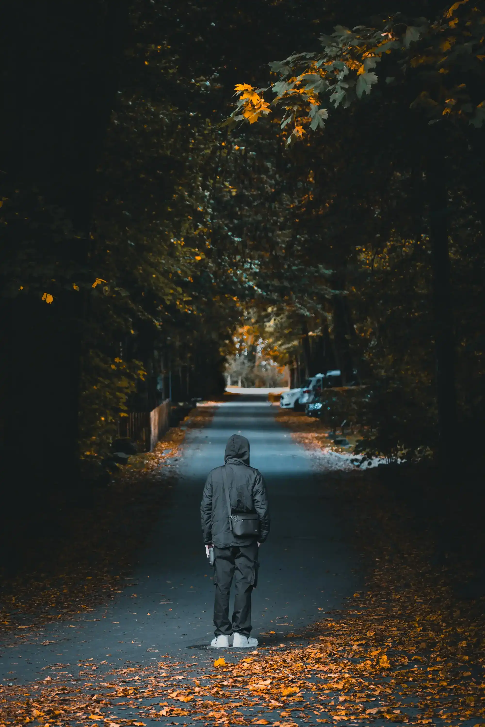 Mann auf der Straße im Herbst